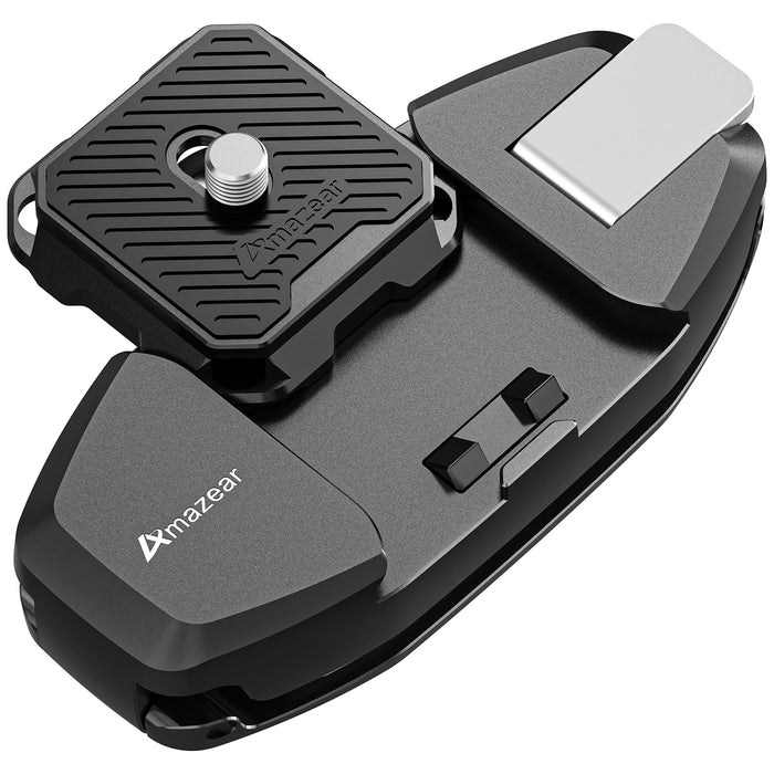 Camera Backpack Clip for DSLR, Upgraded One-Handed Operation Bag Strap Belt Clip with Quick Release Plate Mount for Canon Nikon Sony Fuji Go-Pro Action Cam with Safety Latch, Black