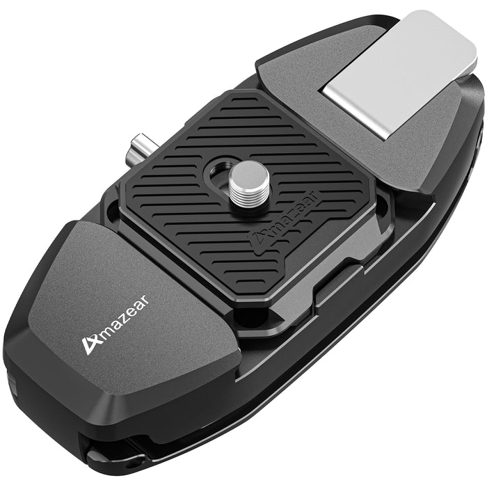 Camera Backpack Clip for DSLR, Upgraded One-Handed Operation Bag Strap Belt Clip with Quick Release Plate Mount for Canon Nikon Sony Fuji Go-Pro Action Cam with Safety Latch, Black