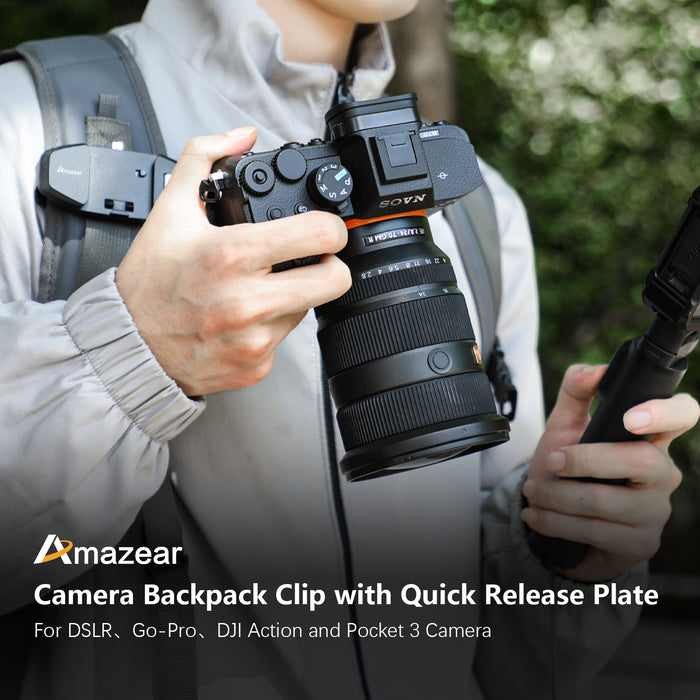 Camera Backpack Clip for DSLR, Upgraded One-Handed Operation Bag Strap Belt Clip with Quick Release Plate Mount for Canon Nikon Sony Fuji Go-Pro Action Cam with Safety Latch, Black