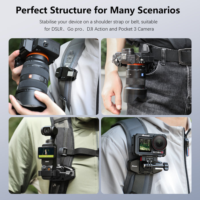 Camera Backpack Clip for DSLR, Upgraded One-Handed Operation Bag Strap Belt Clip with Quick Release Plate Mount for Canon Nikon Sony Fuji Go-Pro Action Cam with Safety Latch, Black