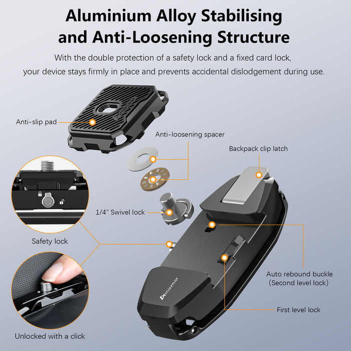 Camera Backpack Clip for DSLR, Upgraded One-Handed Operation Bag Strap Belt Clip with Quick Release Plate Mount for Canon Nikon Sony Fuji Go-Pro Action Cam with Safety Latch, Black