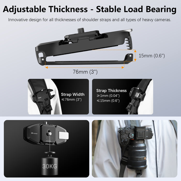 Camera Backpack Clip for DSLR, Upgraded One-Handed Operation Bag Strap Belt Clip with Quick Release Plate Mount for Canon Nikon Sony Fuji Go-Pro Action Cam with Safety Latch, Black