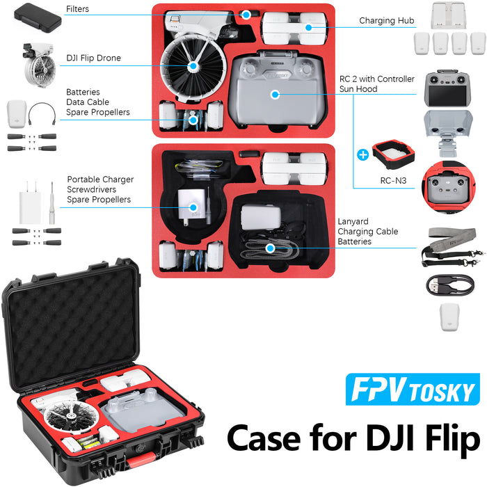 Waterproof Hard Case for DJI Flip, Fits RC2/RC-N3 Controller Accessory, with Portable Carrying Shoulder Strap [CASE ONLY]