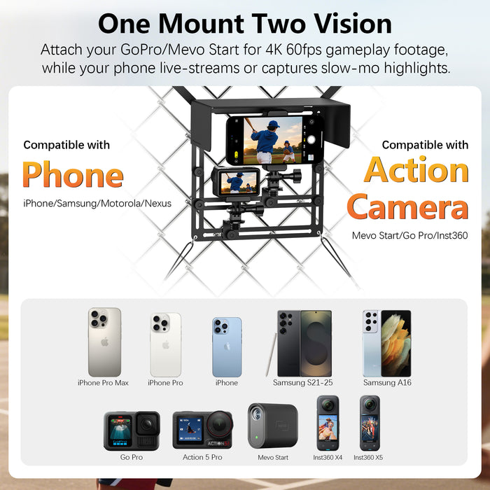 Phone Fence Mount with Magnetic Shade, Game Changer Mounting Kit for iPhone Samsung Mevo Start Go Pro and Other Action Cameras, Gamechanger Streaming Kit for Baseball Softball Tennis，Black