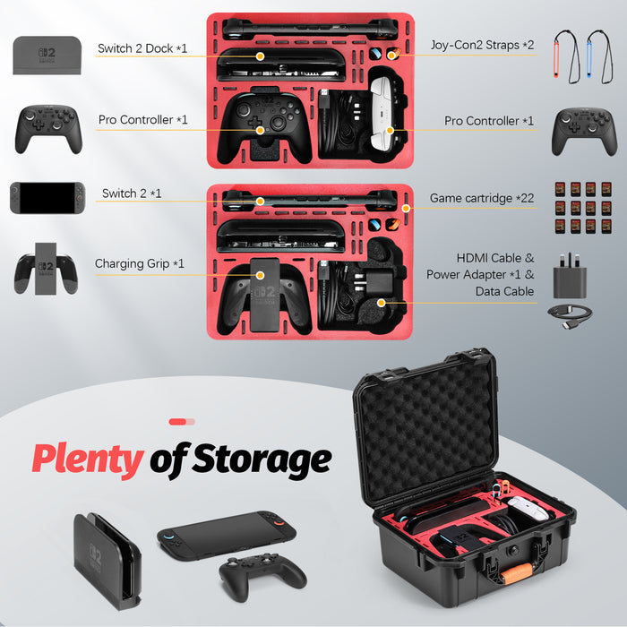 Hard Carrying Case for Nintendo Switch 2, Hard Shell Travel Protective Case for Switch 2 grip, 2 Pro Controllers, 22 Game Cards and Other Switch 2 accessories Black