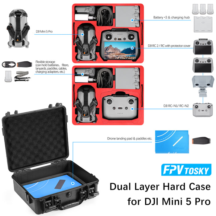 Dual Layer Hard Case for DJI Mini 5 Pro, Waterproof Case for Mini 5 pro with DJI RC-N3/DJI RC 2 Controller