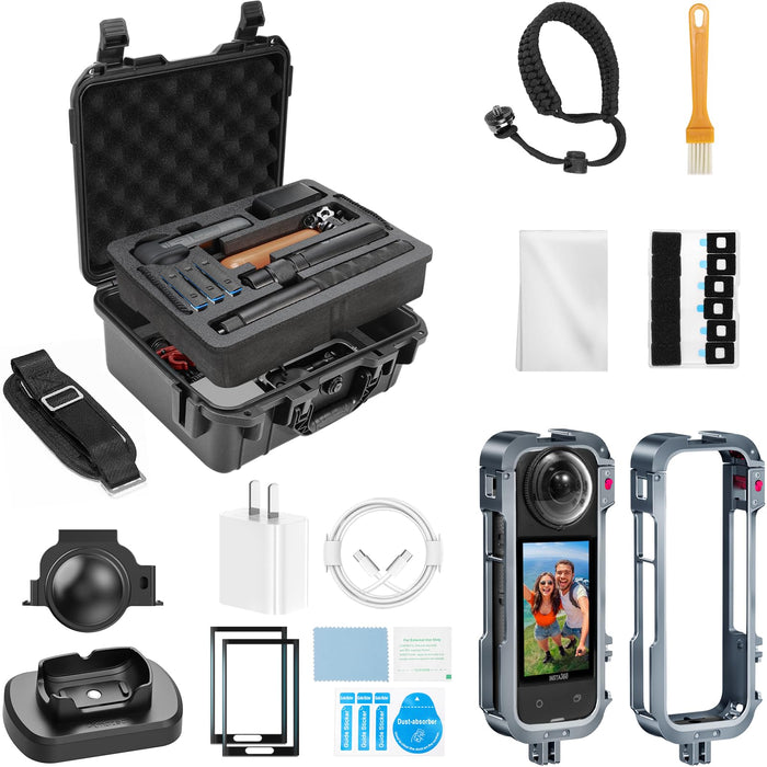 Professional Hard Case Premium Accessories Kit for Insta360 X4, Insta 360 X4 Protective Combo with Metal Cage, 30W USB-C Charger, Magnetic Stand, Screen Protector, Lens Cap, Wind Muffs, Shoulder Strap