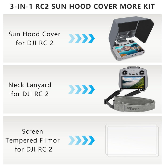 FPVtosky RC 2 Controller More Protector Kit for DJI Mini 4 Pro / Flip Accessories, Kit includes RC 2 Sun Hood Cover, RC 2 Lanyard, RC 2 Screen Protection x 2, RC 2 Accessories, Air 3 Accessories
