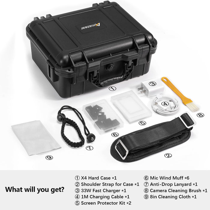 Hard Case Bundle Kitt for Insta360 X5 - Insta 360 X5 X4 Accessories Combo with 30W Wall Charger, Screen Protectors, Lanyard, Cleaning Cloth, Shoulder Strap, Waterproof Carrying Case, Black