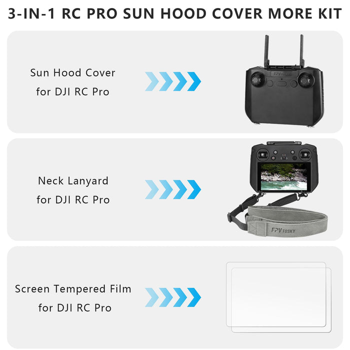 FPVtosky RC Pro Controller Protector Kit for DJI Mavic 3 Accessories, Kit includes RC Pro Sun Hood Cover, RC Pro Lanyard, RC Pro Screen Protector Accessories