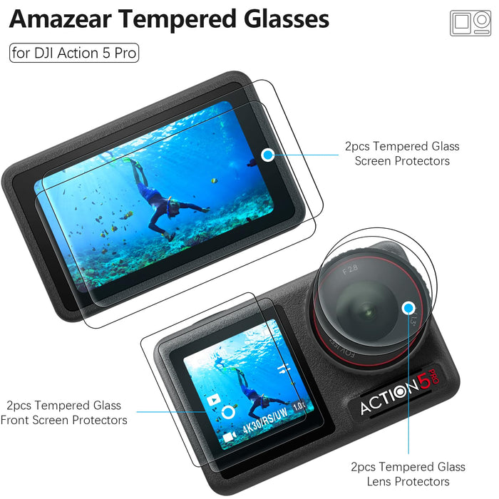 Lens Screen Protector Comatible with DJI Osmo Action 5 Pro (2 Sets), Action5 Pro Accessories Tempered Glass Protector OLED Display, Ultra HD, 9H Hardness, Scratch Resistant, Bubble-Free