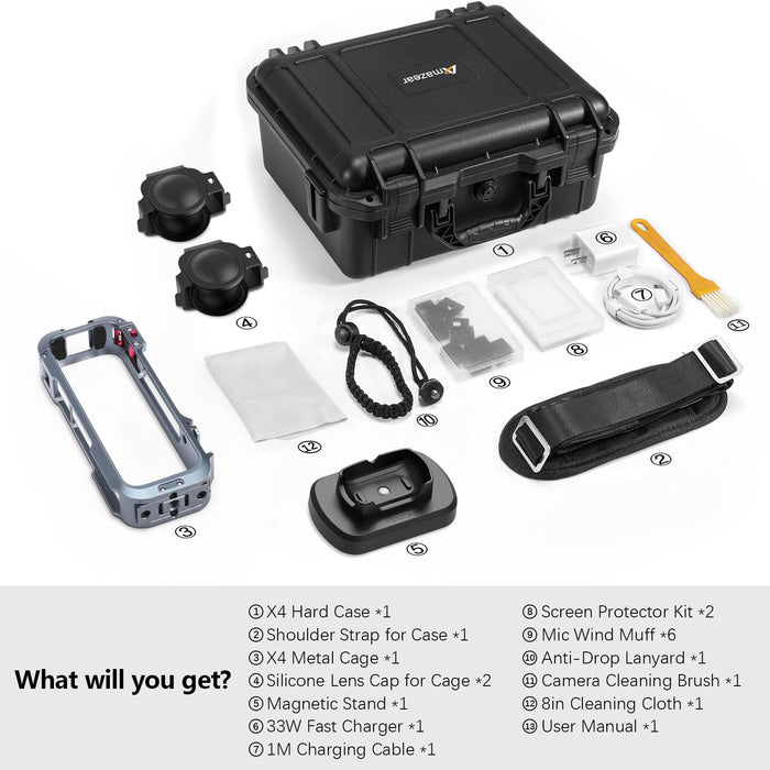 Professional Hard Case Premium Accessories Kit for Insta360 X4, Insta 360 X4 Protective Combo with Metal Cage, 30W USB-C Charger, Magnetic Stand, Screen Protector, Lens Cap, Wind Muffs, Shoulder Strap