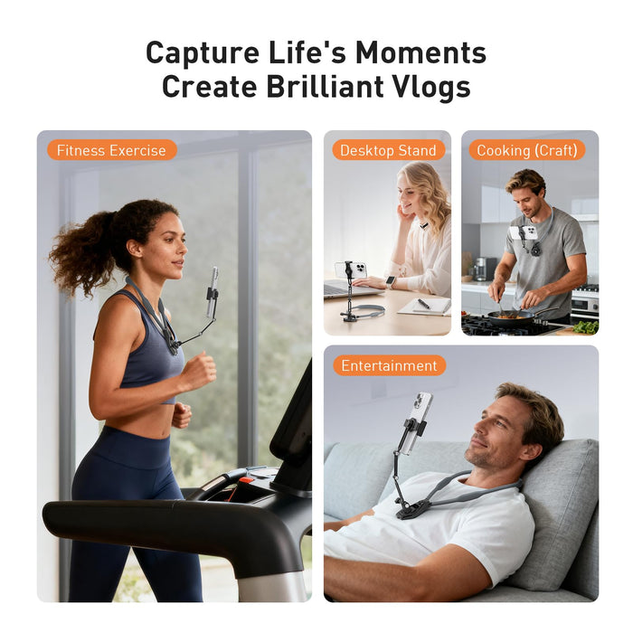 Hands-Free Neck Mount for Phone & Action Camera - Adjustable Neckband Holder for iPhone, Android, POV Vlog Recording with Secure QR Magnetic Base, Elastic Anti-Shake Chest Strap