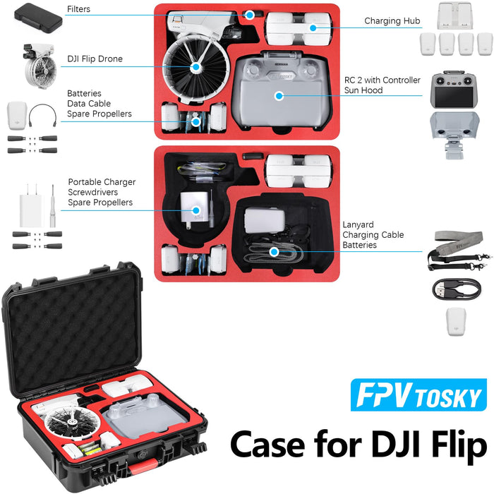 FPVtosky Hard Case Accessory Bundle Kit for DJI Flip Fly More Combo, Includes Flip Hard Case, RC 2 Sun Shade, Neck Lanyard Strap, Screen Protector * 2, Battery Stickers (5-in-1)