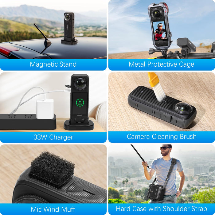 Professional Hard Case Premium Accessories Kit for Insta360 X4, Insta 360 X4 Protective Combo with Metal Cage, 30W USB-C Charger, Magnetic Stand, Screen Protector, Lens Cap, Wind Muffs, Shoulder Strap