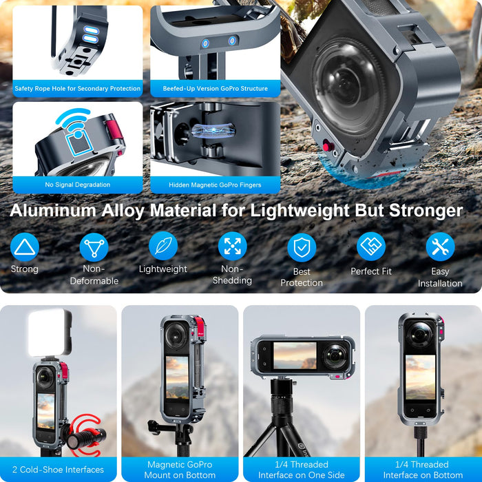 Professional Hard Case Premium Accessories Kit for Insta360 X4, Insta 360 X4 Protective Combo with Metal Cage, 30W USB-C Charger, Magnetic Stand, Screen Protector, Lens Cap, Wind Muffs, Shoulder Strap