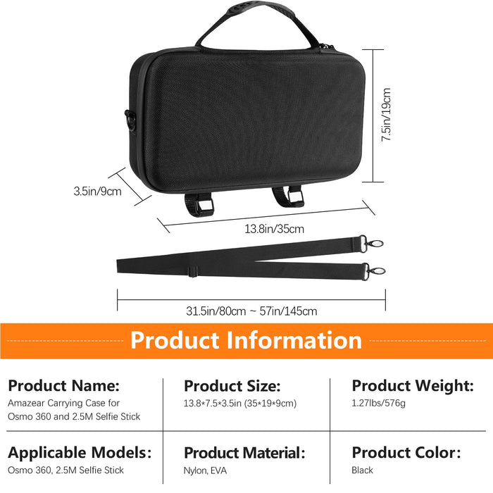 Carrying Case for DJI Osmo 360 Accessories, Portable Nylon Osmo360 Action Camera Travel Bag with Shoulder Strap Fit 2.5M 8.2ft Selfie Stick (Black)