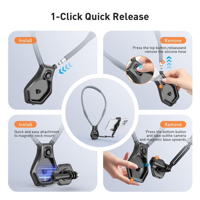 Hands-Free Neck Mount for Phone & Action Camera - Adjustable Neckband Holder for iPhone, Android, POV Vlog Recording with Secure QR Magnetic Base, Elastic Anti-Shake Chest Strap