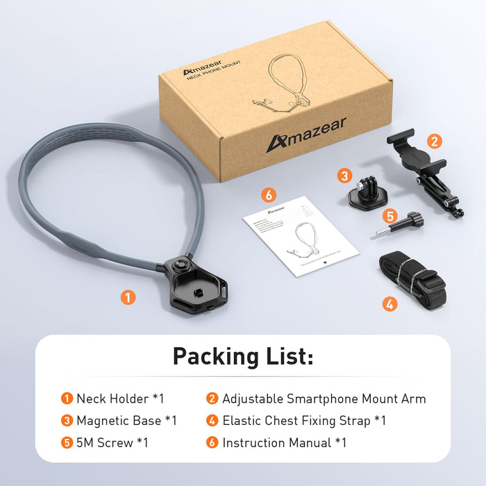 Hands-Free Neck Mount for Phone & Action Camera - Adjustable Neckband Holder for iPhone, Android, POV Vlog Recording with Secure QR Magnetic Base, Elastic Anti-Shake Chest Strap