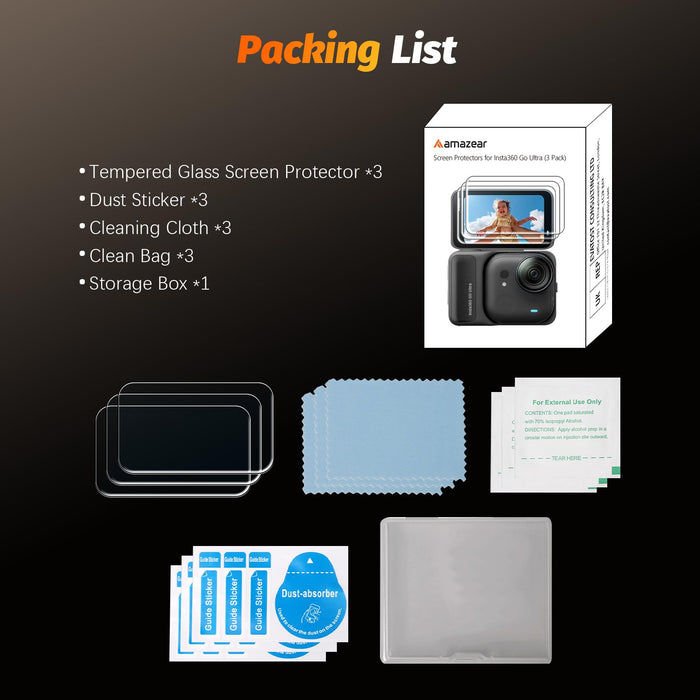 Screen Protector for Insta360 GO Ultra Accessories (3 Pack), Insta 360 Go-Ultra Action Camera Tempered Glass Screen Protective Film, 9H Hardness, Touch Sensitive, Ultra Clear